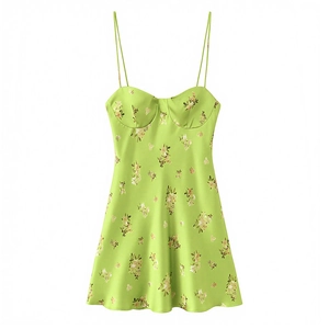 Floral print satin slip dress in grass green with sweetheart neckline and thin straps