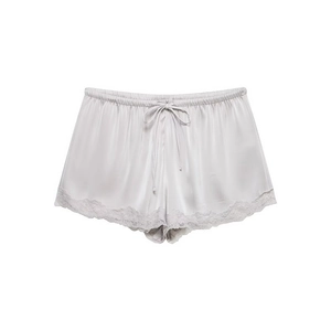 Detail of grey satin shorts with elastic drawstring waist and delicate lace trim