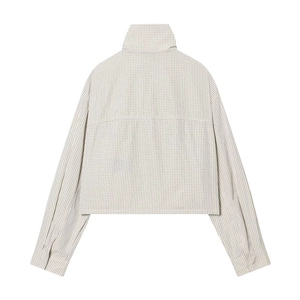 Close-up of the grid pattern nylon jacket back with drop shoulder and cropped hem detail