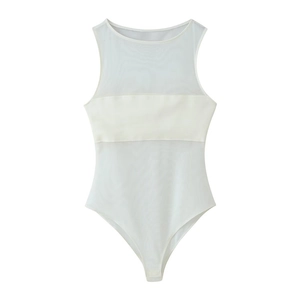 White sleeveless bodysuit with sheer mesh panels and solid bust band for women