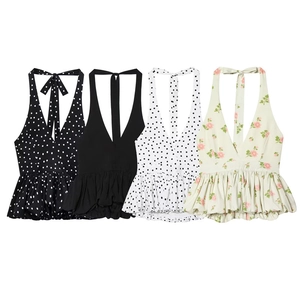 Polka-Dot und Floral Neckholder-Tops mit V-Ausschnitt und gerüschtem Schößchensaum