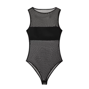 Sleeveless black mesh bodysuit for women featuring solid fabric panel and sheer details