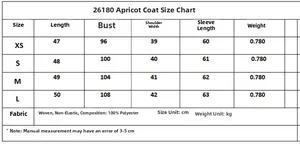 Size guide table for women's elegant cropped blazer featuring detailed measurements