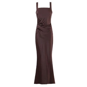 Detail of chocolate satin evening dress featuring square neck and pleated waist design