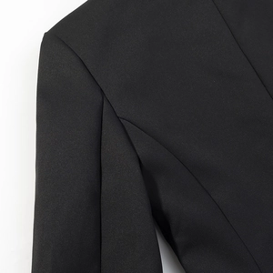 Detail of stand collar and shoulder stitching on black high-density woven jacket