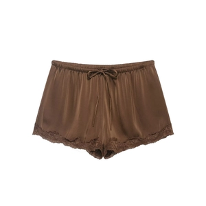 Women's dark brown satin lounge shorts with delicate lace trim and ribbon drawstring