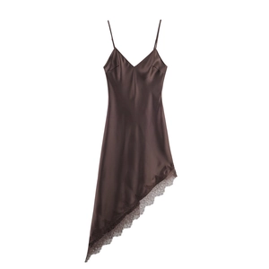 Elegant dark brown satin slip dress with irregular lace hem and slim spaghetti straps