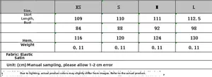Size chart showing dress length, bust and hem measurements from XS to L for polka dot dress