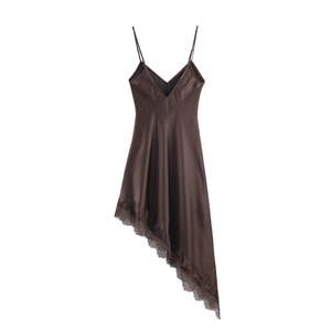Elegant dark brown satin slip dress with lace trim and asymmetrical hemline for women
