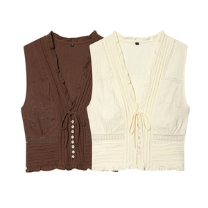 Débardeur Femme Rétro Sans Manches Brodé Col en V Lacet Devant Dentelle Volants Mélange de Coton Vintage Casual Gilet