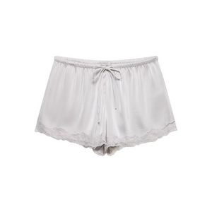 Women's silver gray silk satin lounge shorts with elastic waist and lace trim