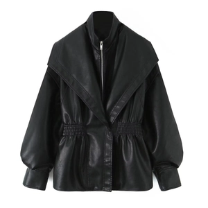 Close-up of black faux leather jacket showing large lapels and silver zipper details