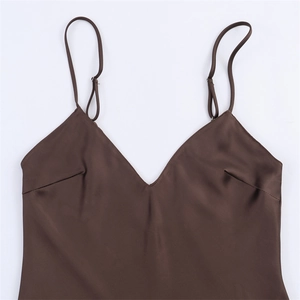 Elegant deep brown satin slip dress with adjustable thin straps and a V-neckline finish