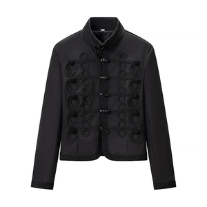 Short black mandarin collar jacket with military-style frogging and knot buttons