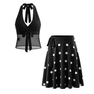 Ensemble Top Caraco Dos Nu à Col en V Et Jupe Midi trapèze à Imprimé Pois Pour Femmes Tenues Deux Pièces Vintage En Mesh