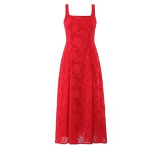 Elegant sleeveless red floral jacquard maxi dress with square neck and slim fit design