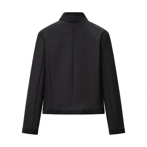 Back view of women's slim fit black Chinese style jacket with stand collar and textured trim