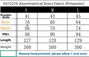Size chart for asymmetric ruffled dress with bust, waist, and hip measurements in cm