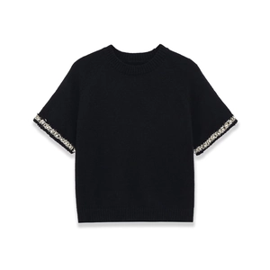 Maglia in Maglia da Donna Fashion Slim Fit Con Polsini in Künstliche Perle Sintetiche e Strass Manica Corta Girocollo a Costine Nera