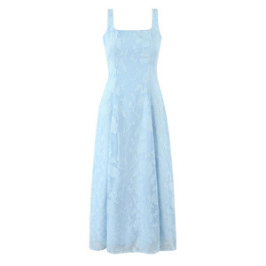 Slim fit light blue jacquard sleeveless dress with square neck and floral textures