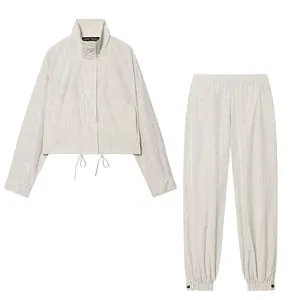 Women's Plaid Two Piece Set Stand Collar Short Jacket Drawstring Hem And Cuffed Grid Pants Streetwear Loungewear Outfit