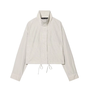 Short plaid nylon jacket with stand collar and drawstring hem for women in beige