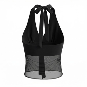Haut licou noir chic avec nœud élégant et détails en tulle transparent contrastés