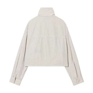 Back view of women's short plaid jacket with high collar and long sleeves in beige check