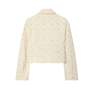 Elegant cream white cropped tweed jacket with long sleeves and shimmering sequins