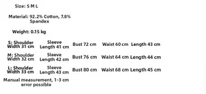Detailed size chart for cotton t-shirt including measurements for S, M, and L sizes