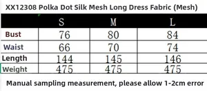 Detailed size guide for polka dot mesh dress with measurements for S M and L sizes