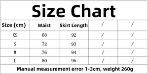 Detailed sizing chart for elegant satin skirt showing waist and length measurements in cm