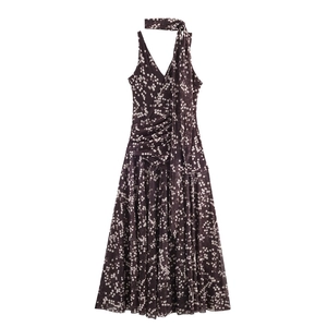 Women's Sexy Polka Dot Mesh Maxi Dress V Neck Sleeveless Ruched Backless Long Evening Party Dress With Matching Scarf Deep Coffee