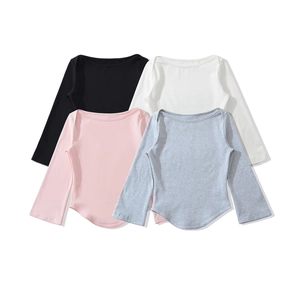 Flat lay of soft cotton baby long sleeve shirts in black white pink and grey colors