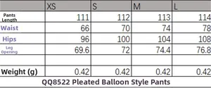 Tableau des tailles détaillé pour pantalon bouffant avec mesures de taille et longueur
