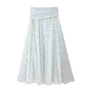Women's Sexy High Waist Polka Dot Mesh Midi Skirt Ruched Elastic Waist A-Line Swing Skirt White Black Streetwear Chic