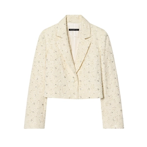 Elegant cream tweed cropped blazer with floral texture and long sleeves for women