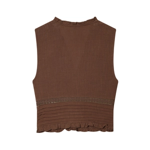 Haut sans manches marron vintage avec dentelle et ourlet à volants en coton et lin doux