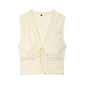 Gilet brodé crème pour femmes avec col en V, volants et tissu à texture plissée