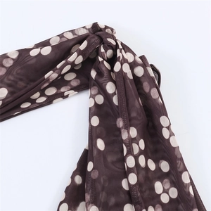 Detailed macro of semi-transparent dark brown mesh fabric with white polka dot patterns