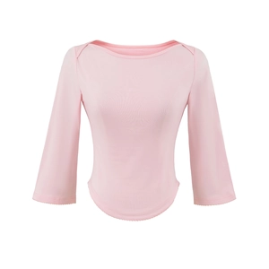Detail of boat neck top with lace-trimmed hem and cuffs in soft light pink fabric