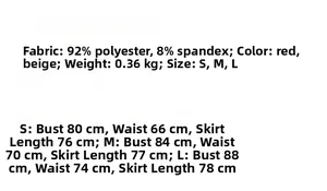 Größentabelle für Damenkleider mit Stoffdetails und Maßen in Zentimetern