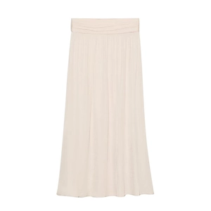 Detail of elegant beige A-line midi skirt showing wide pleated high waist and satin texture