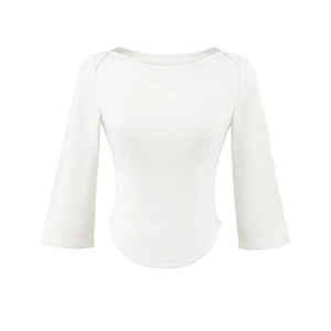 Detail of white boat neck slim fit top with elegant curved hem and three-quarter sleeves