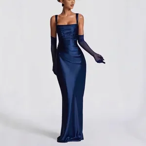 Abito Maxi da Donna Elegante Scollo Quadrato in Raso Arricciato Vestibilità Slim Schiena Intrecciata Abito da Sera per Matrimonio