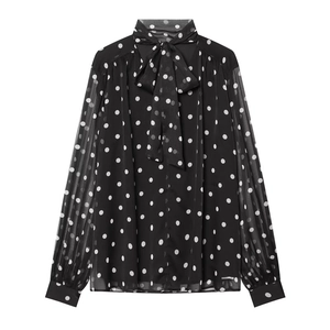 Elegant polka dot long sleeve blouse with pussy-bow neck and loose fit design