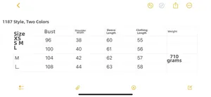 Detailed size chart for women jacket with measurements for chest, shoulder, and sleeve length