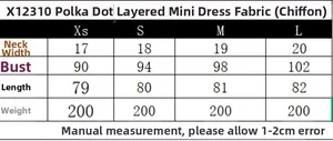 Detailed size chart for polka dot tiered mini dress including bust and length measurements