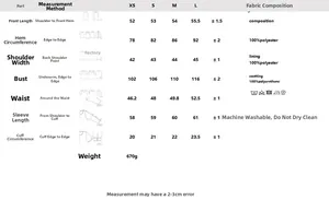Size chart for women's jacket showing XS to L dimensions and polyester material details