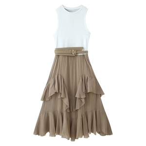 Robe Midi Plissée Patchwork Sexy pour Femmes Gilet en Maille Côtelée Sans Manches Robe à Étages en Mousseline à Volants Avec Ceinture